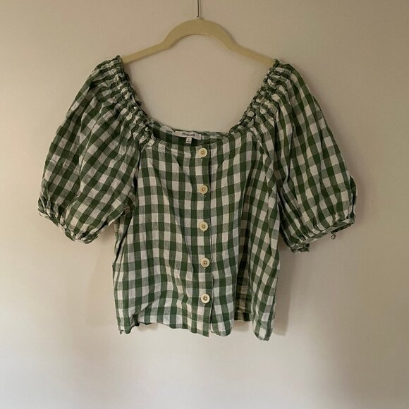 Madewell Linen-Cotton Square-Neck Button-Front Top in Gingham Check Size M - Picture 2 of 2